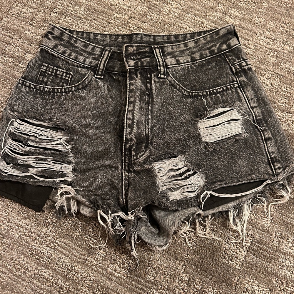 Distressed Black Denim Shorts